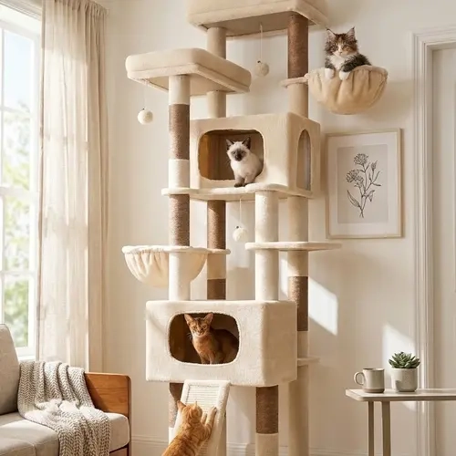 DESKAT 77-Inch Big Cat Tree for Large Cats, Multi-Level Cat Tower for 4+ Cats, Heavy Duty Cat Condo with Sisal Scratching Posts, Hammock & 2 Perches, Extra Large Maine Coon Friendly