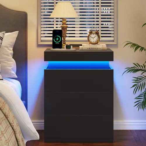 TryLazy Furniture Nightstand with Charging Station and LED Lights, Night Stand with Sliding Top for Bedroom, Bedside Table with Drawers, Modern End Side Table