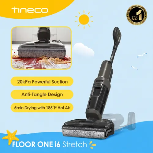 [New arrival] Tineco FLOOR ONE i6 Stretch Wet Dry Vacuum Cleaner,Vacuum & Mop in One Step,20kPa Powerful Suction,180° Lay-flat Design,Anti-Tangle Design,Full-path Self-cleaning&5min Drying with 85℃(185℉) Air,Up to 40* minutes Runtime,Upgraded Pouch Cell,,