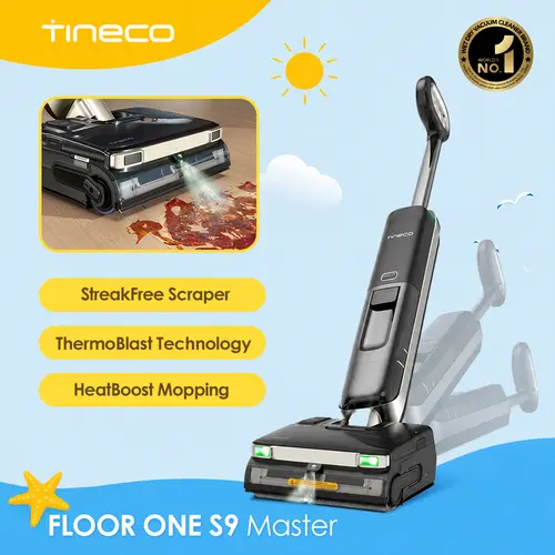 TINECO Floor 1 S9 Master Rechargeable Cordless Wet Dry Vacuum Cleaner - Upright Powerful Suction (23kPa) HEPA Filter Vacuum, 3.9in Ultra-Slim Hot Water Mop with ThermoBlast, 65Min Runtime, 185℉ Flashdry Self-Cleaning for Hardwood Tile Pet Hair, Rechargeab