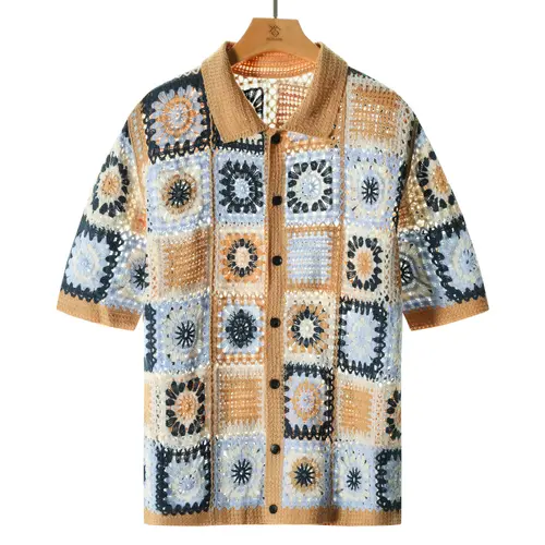 Zaitun Men's Summer Cool Knitted Short-Sleeve Shirt Baby Blue Boho Vacation Casualwear Loose Fit Collared Button Closure All-Over Print Menswear Acrylic Knitwear