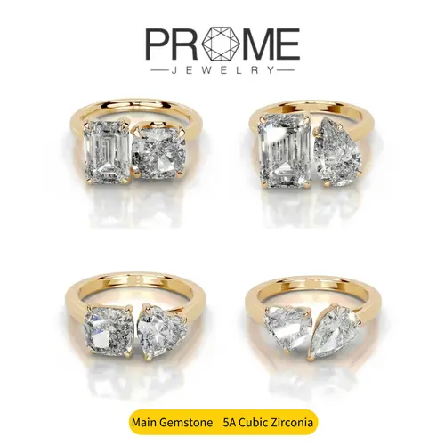 (CR024)Double Stone Ring with Heart and Teardrop Shaped 5A Cubic Zirconia, High Quality Copper Two Stone Ring, Sparkling Jewelry for Daily Wear and Gift for Her