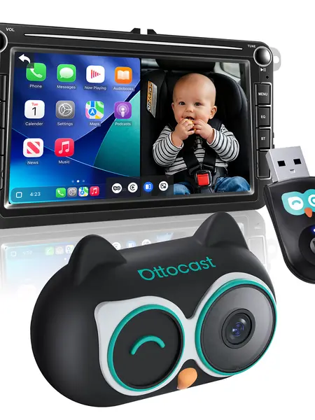 OTTOCAST Baby Car Camera &Wireless CarPlay Adapter,1080P HD Rear Seat Monitor Display on Car Screen,150°Wide Angle No-Glow Night View, Safety for Kids & Infants