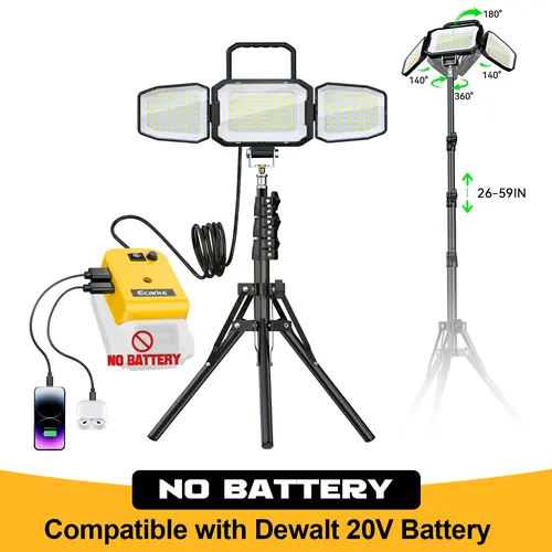 LED Work Light with 59" Tripod Stand Compatible with DeWalt 20V Battery ,【Battery Not Included】, 70W 7000LM 3-Head Adjustable Flood Light, Dual Brightness Modes, USB-C Rechargeable Portable Job Site Light toolupgrade