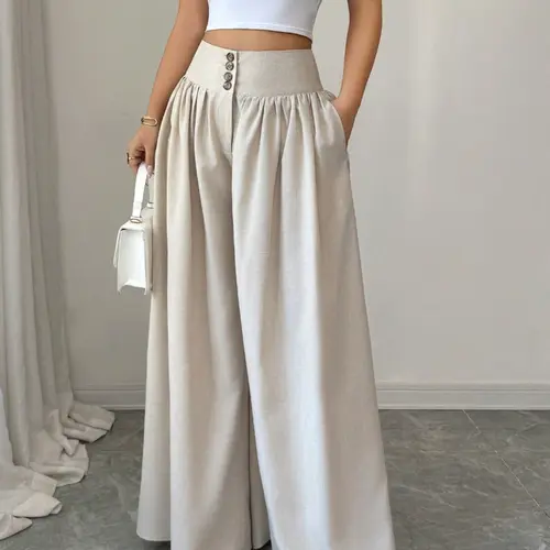 New Women's Casual Elegant Minimalist Fashion Pleated Wide Leg Pants, Casual Comfy Trousers, Light Long Loose Fit Jeans for Daily Wear, Everyday Comfortable & Stylish Bottoms