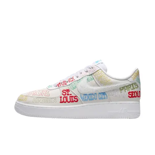 Men's Nike Air Force 1 Low 'World Tour-White' Classic Leather Sneakers - Low Cut, Leather Upper, Colorful Embroidered City Names, Air Cushioning, Global-Inspired Details, Travel-Inspired Look, Multi-Size, Everyday Wear Men's Shoes