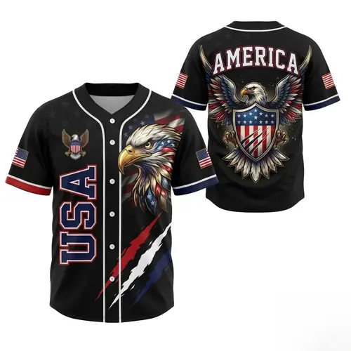 Delivered after July 4th-USA Eagle All Over Print Baseball Jersey, Patriotic Button Up Shirt, USA 250 Years Baseball Jersey, 1776–2026 Semiquincentennial Patriotic Jersey