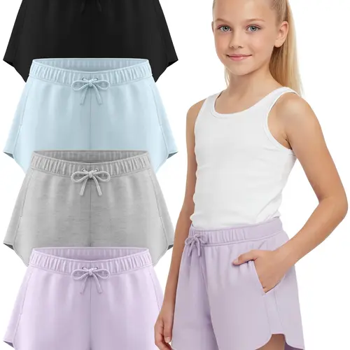 PURE CHAMP Girls' 4-Pack Dolphin Athletic Shorts - Lightweight, Quick-Drying Scuba Knit Activewear, Breathable Soft Fabric with Side Pockets, Mid-Waist Fit, High Stretch Durable Material for School, 3t-4t Above the Knee Bottoms