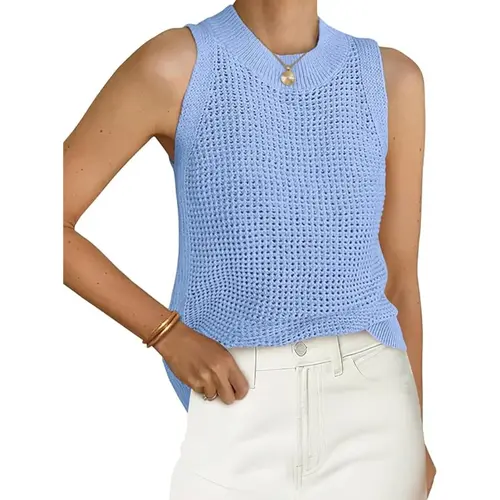 PrettyGarden Summer See Through Crochet Tank Tops for Women Casual Crewneck Hollow Out Loose Knit Sleeveless Sweater Vest Top Trendy