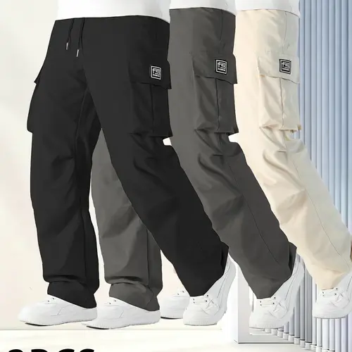 Men's Gray Tactical Cargo Pants (3-Pack) - Elastic Waist, Easy Fit, Multi Pockets, Tactical Look, Casual, Trail-Ready Spring & Summer Outdoor Menswear Bottoms (Assorted Gray Tones), Gray + Gray + Gray