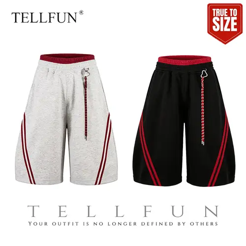 TELLFUN Men's High-Waist Oversize Striped Long Shorts - Unisex, Drawstring Closure, Stretch Knit Fabric, Contrast Stripe Detail, Pockets, Holiday Casual Streetwear, Mens Bottoms Clothing