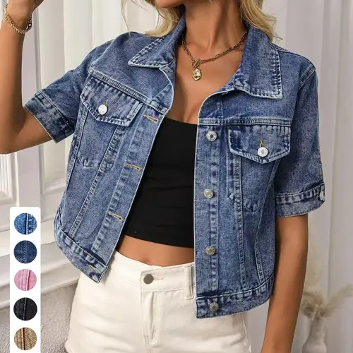 Women's Classic Short Sleeve Denim Jacket, Casual Style Single Button Short Denim Collar Top, Summer Outerwear, Loose-Fitting, Coats