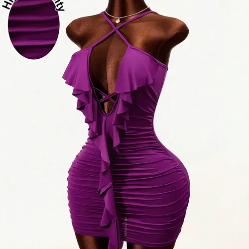 Wavy Dress Basic Sexy Halter Neck Dress, Deep Pleated Bodycon Short Skirt, Cross Back Ruffle Decoration Tight Fit Dress, Party Dress, Womenswear