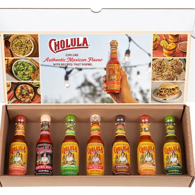 Cholula Hot Sauce Variety Pack, 7-Count (Soccer-Cap Limited Edition) - Extra Hot, Green Pepper, Chili Lime, Chili Garlic, Chipotle, Sweet Habanero, Soccer-Cap Original
