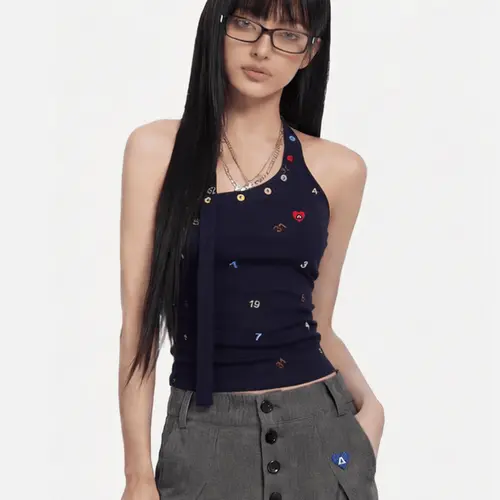 Aelfric Eden Asymmetric Halter Top Colorful Number & Heart Embroidery Slim Fit Stretch Rib Knit Casual Streetwear Women's Top, Strap, Spandex, Halter Neck, Asymmetrical