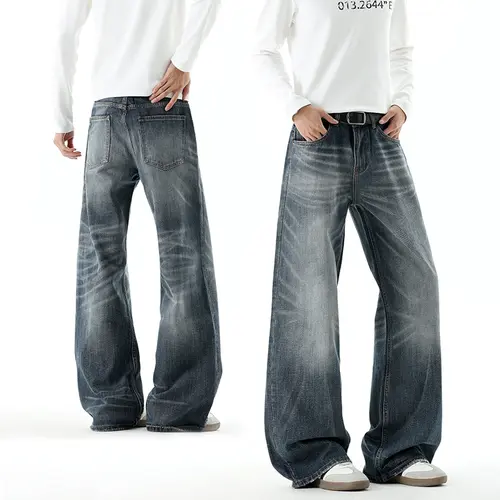 Men's Vintage H-Type Wide Leg Denim Jeans - Ombre Effect Wash, Loose Fit, Side Pockets, Casual American Streetwear Bottoms