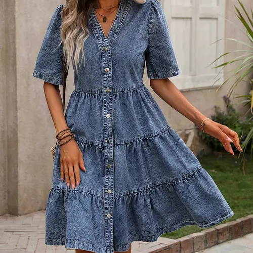 Women's Vintage Washed Denim Tiered Cake Dress, Casual V-Neck Short Sleeve Single Button A-Line Jean Dress, Summer Style, Womenswear, Casual Fashion Dress