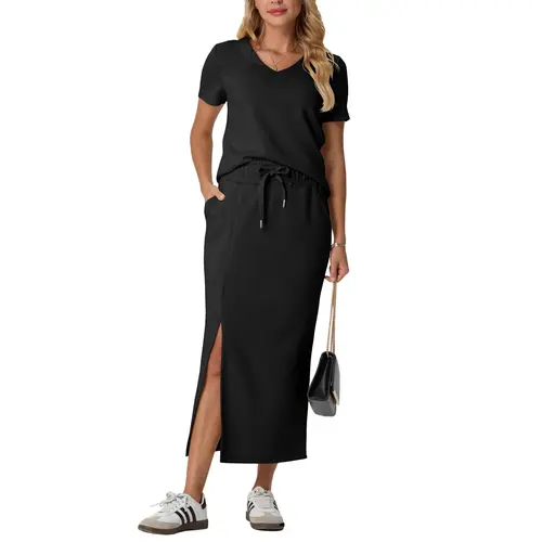 GRECERELLE Women Summer Casual 2 Piece Sets V-Neck Wrinkle-Free Top & Elastic Waist Midi Side Slit Skirt with Pockets