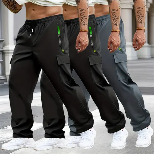 Men's Multi-Pack Cargo Work Pants - Lightweight Stretch Waist Hiking Pants with Multiple Pockets, Casual Fashionable Pocket Menswear, Plain Men's Clothing, Sportswear for Outdoor Sports, Stretch For Hiking,sohochic