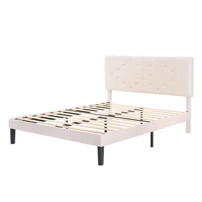 Sweetcrispy Self-Assembling Upholstered Platform Bed Frame - Wooden Base with Height-Adjustable Upholstered Headboard, Classic Metal Structure, Crystal Buckle Accents, Beige Indoor Furniture for Aesthetic Room Decor, Self-Assembling Bed Frames