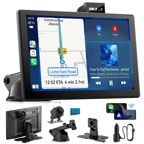 【Tool Upgrade】IIWEY iK9 9" Wireless CarPlay & Android Auto Screen, Portable Car Stereo with 4K Dash Cam & 1080p Rear Camera, CarPlay with Backup Camera, Touch Screen GPS Display, Mirror Link, Apple Car Play Screen, Free 64GB, #tool upgrade,toolupgrade