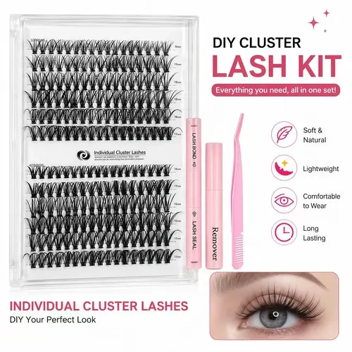 Cluster Lashes Makeup Kit - 30D/40D Natural Wispy Thick Cluster Lashes, Waterproof Glue Bond & Seal, Applicator & Accessories Bundle for False Eyelashes Attachment