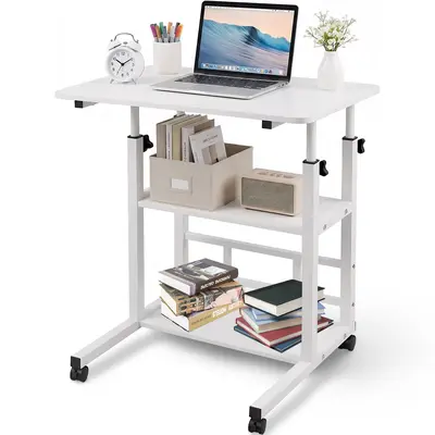 Rustic 32" Portable Rolling Adjustable Height Desk with Wheels, Storage Shelves - Home Office Computer Table for Small Spaces, Drafting Table