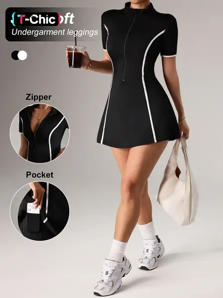 Women's Colorblock Zipper Front Short Sleeve Casual Sport Dress, Slim-Fitting Tennis Skirt with Safety Pants Pocket, Easithlete Design, Tennis Sports Dress, Tennis Athletic Dress