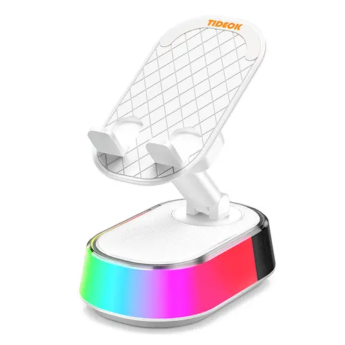 White 5in1 Wireless Induction Speaker Stand - Portable Smartphone/Tablet Holder, Rechargeable Emergency Power Bank, 360° Adjustable Stand, Ambient Light Glow, Gifts for Men