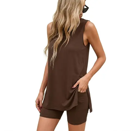Women's 2-Piece Comfy Fits Matching Pajama Set - Sleeveless Crew Neck Tunic Top, Biker Lounge Shorts, Split Hem, Multi-Size, Machine Washable, Ideal for Travel, Mother's Day Gift, Lounge Shorts and T-Shirt Loungewear Sets, Loungewear Goals,sohochic