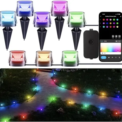 SummerVibes 15-Pack 50ft Smart RGBCW LED Pathway Lights - Alexa, Bluetooth & WiFi Enabled, App/Voice Remote Control, Dimmable, 30 DIY Scenes, Beat-Sync Light Show, Water Resistant, Yard & Patio Lighting, Outdoor Garden Decor,sohochic