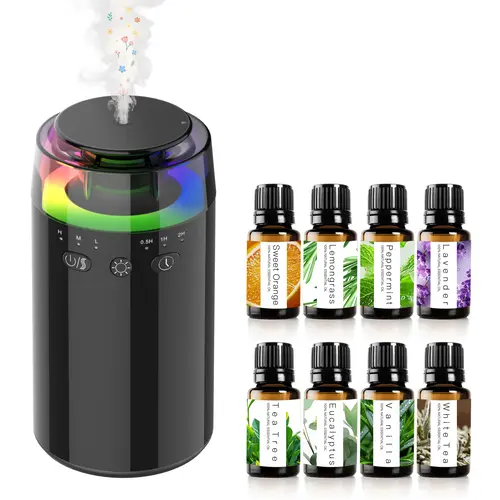 Aromatherapy Humidifier - Waterless Battery-Operated Mini Portable Diffuser with 8 Essential Oil Bottles, RGB Automatic Aurora Color-Changing LED Light, Cool Mist for Home, Travel, Diffusers