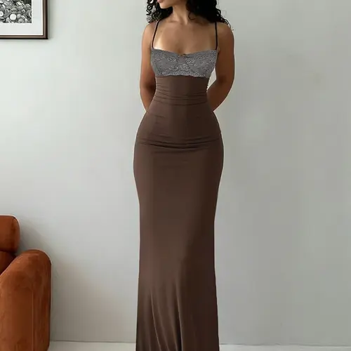 Elegant Tight Fit Lace Patchwork Sexy Halter Sleeveless Spaghetti Strap Long Dress, Women's Colorblock Bow Adjustable Back Vacation Style Summer New Arrival A-Line Womenswear