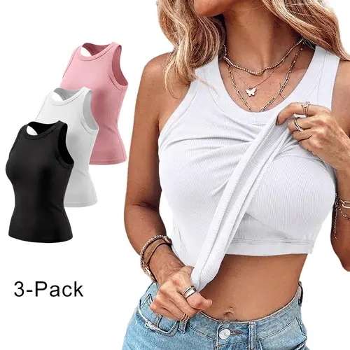 CHICME 3-Pack Built-in Bra Tank Top Ribbed Racerback Tops Women Going Out Tops Everyday Basic Tanks Padded Tops