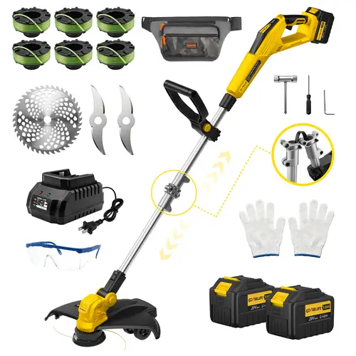 GEVEELIFE 4-in-1 Cordless Brushless Trimmer - 21V Dual 5.0Ah Lithium Batteries, Fast Charger, 15-inch Cutting Swath, Grass Cutters with Automatic Line Feed and Cut, Edger, Lawn Mower, 2 Metal Blades for Lawn Care