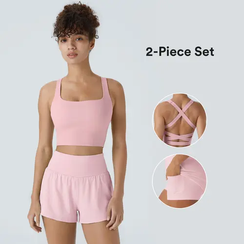 【Creator’s Pick】Halara 2-piece SoftlyZero Airy Square Neck Backless Crisscross Cropped InstantCool Yoga Tank Top-UPF50+ & Super High Waisted InstantCool Yoga Shorts with Pockets Set #BackToSchool