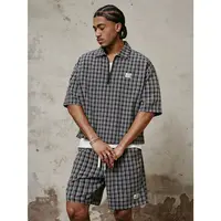 Men's 2-Piece Checked Quarter-Zip Matching Clothes Set, Stylish Menswear Casual Shirt & Shorts Outfit for Casual Wear, Two Piece Sets