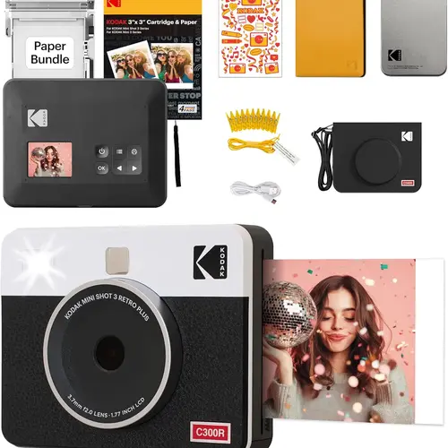 KODAK Mini Shot 3 Retro 4PASS 2-in-1 Instant Digital Camera and Photo Printer (3x3 inches) Initial 8 Sheets + 30 Sheets Gift Bundle, White