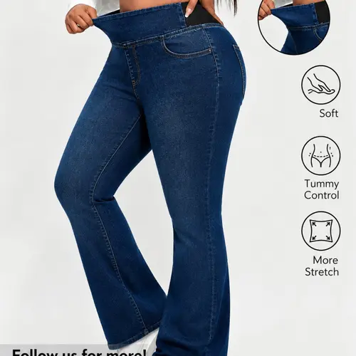 Women's Plus Size Curvy High Elastic Waist Stretchy Denim Jeans Pants with Pockets, Washed Slim Fit Bootcut Bell Bottoms, Comfortable Breathable Cotton Feel, All Seasons, Leg Shaping, Casual Everyday Office Wear, Chic