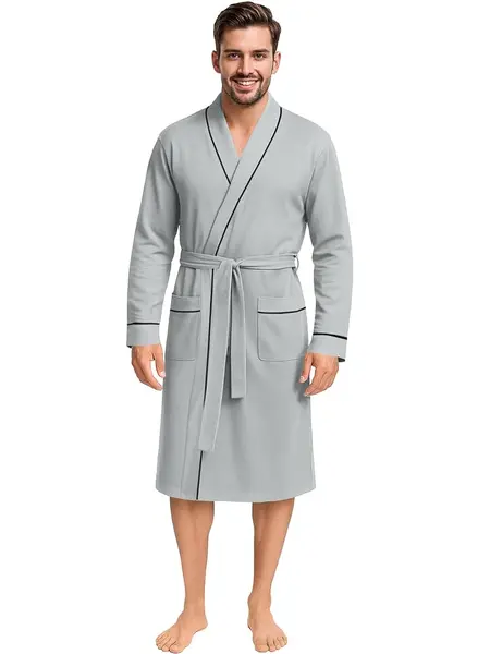 NY Threads Men's Comfy Long-Sleeve Calf-Length Heather Grey Cotton Blend Bathrobe - Casual Versatile Dressing Gown, V-Neck, Adjustable Belt, Front Pockets, Double Stitch, All-Season Menswear Sleepwear Loungewear