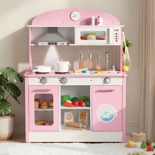 VEVOR Pink Wooden Kids Play Kitchen Toy for Toddlers Ages 3-8, Kids Toys with 8-Zone Pretend Play, Real Lights, Sounds, Food, Cookware, Microwave, Oven, Clicking Knobs, Batteries, Drink Dispenser, Hooks, Child-Safe Toddler Gift#BacktoSchool