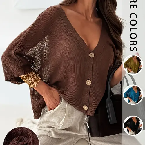 Women's Sheer Knit Cardigan, Deep V-Neck Button-Down Batwing Sleeve Oversized Top, Casual Breathable Open-Front Knitwear