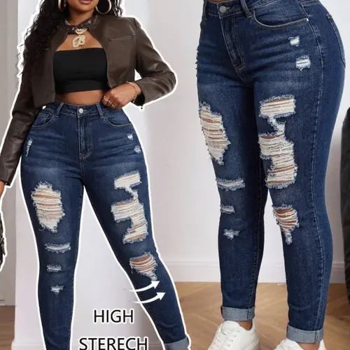 Women's Plus Size Button Fly Dark Wash Denim Pants, High Stretch Skinny Jeans, Ripped Design, Y2K Style, Streetwear, Casual Fashion Long Trousers, Suitable for All Seasons, Denim Clothing