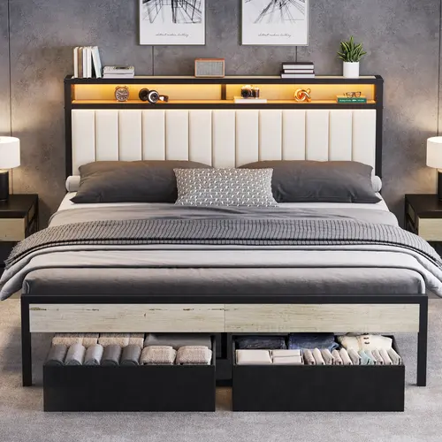 Amerlife Modern Velvet Upholstered Queen Storage Bed Frame - RGBW LED Light, Wood-Grain Metal Platform, 2 Drawers, Storage Headboard, Heavy-Duty Slats, 13.8" Under-Bed Clearance, No Box Spring Needed, Easy Assembly, Bedroom Decor, Space Saving Solutions #
