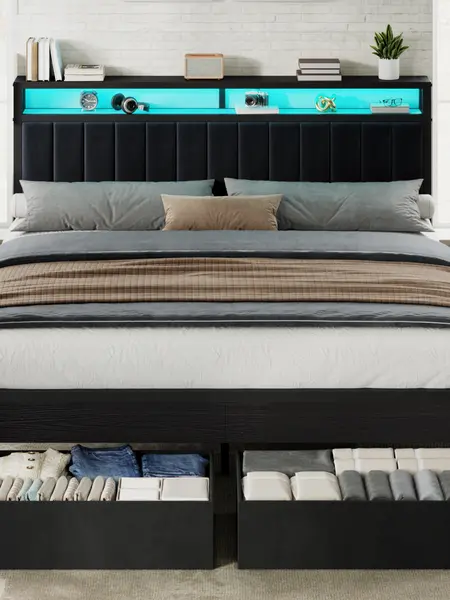 AMERLIFE Bed Frame with LED Light and 2 Storage Drawers, Metal Platform Bed with Storage Headboard, Velvet Upholstered, Heavy-Duty Slats, No Box Spring Needed, Easy Assembly[tiktokshopbacktoschool][SohoChic]