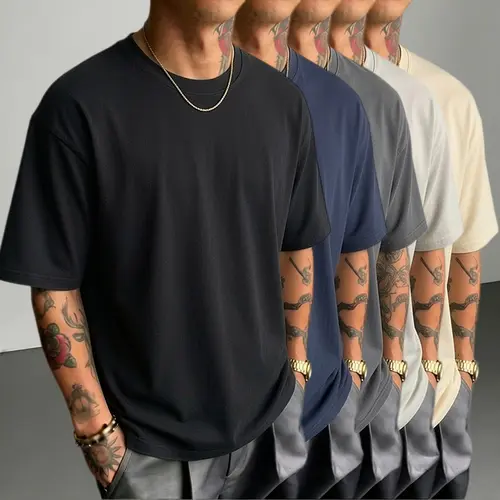 Men's T-Shirts 5-Pack, 100% Cotton Vintage Loose Fit Plain Crew Neck Tees for Summer Streetwear, Menswear Clothing Basics