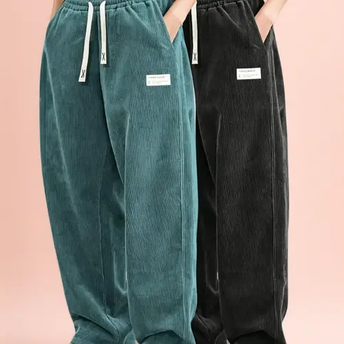 Women's Dark Green Corduroy 2-Piece Set - High-Waisted Drawstring Wide-Leg Pants & Breathable Sweatshirt, Sporty Chic Aesthetics Clothes, Pants for Women, Home & Light Athletic Use, Smooth Drapey Minimalist (Black Option),sohochic