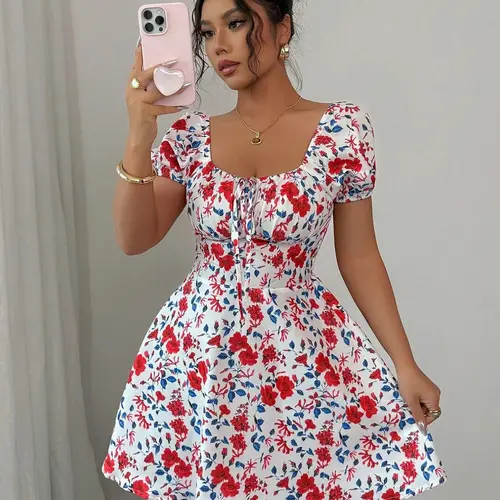 Elegant Floral Print Bubble Sleeve Mini Dress for Women, Womenswear, New Arrival, Trendy Summer Wear, Casual Wear, Chic Vibe, Perfect for Vacation & Daily Wear, Cinched Waist Design, Stylish and Comfortable