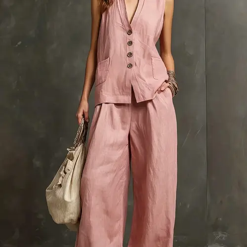 Women's Lazy Style 2-Piece Set Womenswear, Summer Sleeveless Vest and Wide Leg Pants, Comfortable Casual for Daily Wear