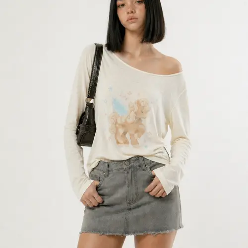 Aelfric Eden Angel Pony Long Sleeve Tee Asymmetrical Neckline Angel Pony Graphic Soft Lightweight Knit Fabric Y2K Cute Casual Streetwear Women Top,clothes for back to school,first day of school outfits,sohochic